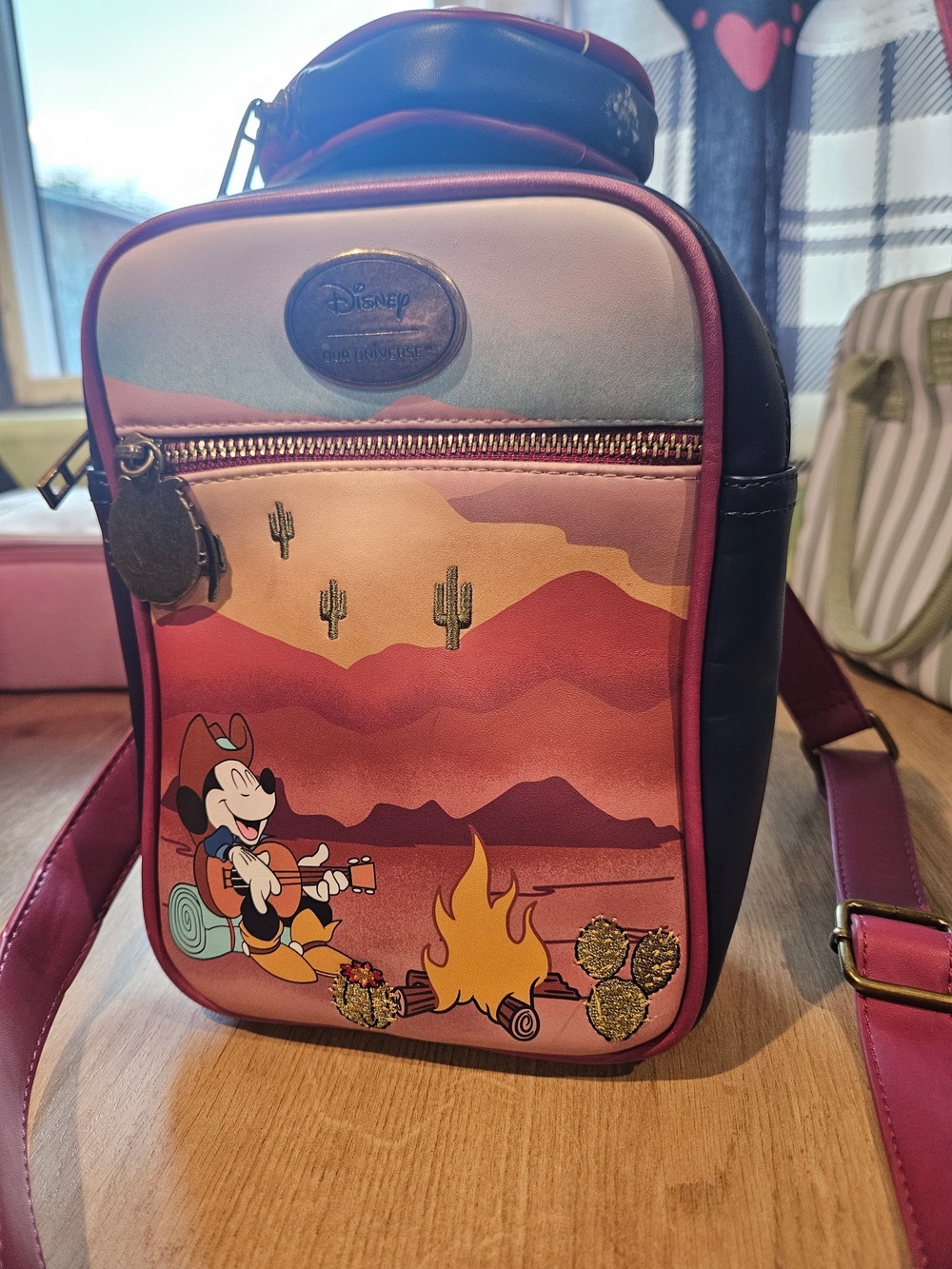 Loungefly Mickey Desert Campfire Crossbody Bag in Pink and Burgundy